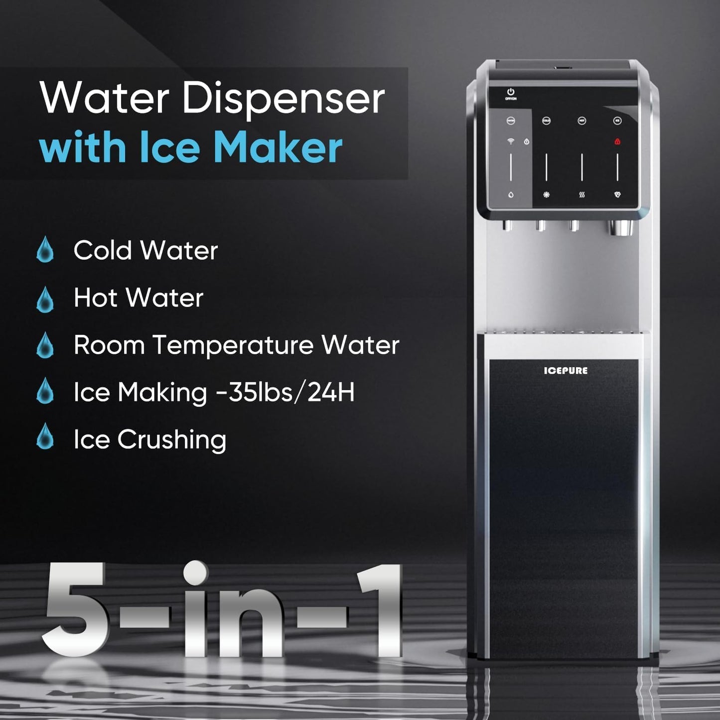 ICEPURE Water Dispenser with Ice Maker, 3-in-1 Hot and Cold Water Cooler with Built-in Bullet Ice Maker Machine, 26.5lbs/24H, Top Loading for 3-5 Gallon Bottle, Child Safety Lock, Black