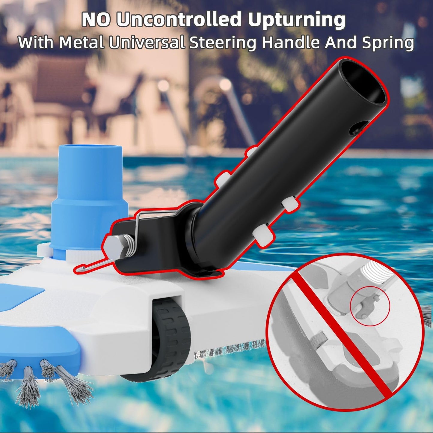Enhanced Pool Vacuum Head with Direction-Control Swivel Handle, Stable-Maintain Spring, Vinyl Pool Vac with Wheels, Side Brush and Bottom Brush for Inground & Above Ground Pools