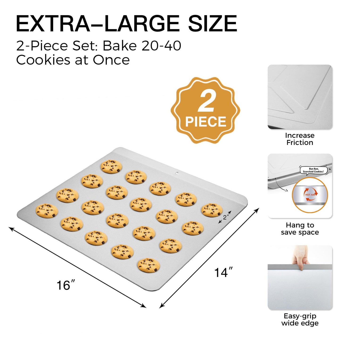 HONGBAKE 2 Pieces Large Flat Cookie Sheet No Edges, Nonstick Insulated Baking Pan, Commercial Oven Trays for Cooking, 16" X 14", Grey