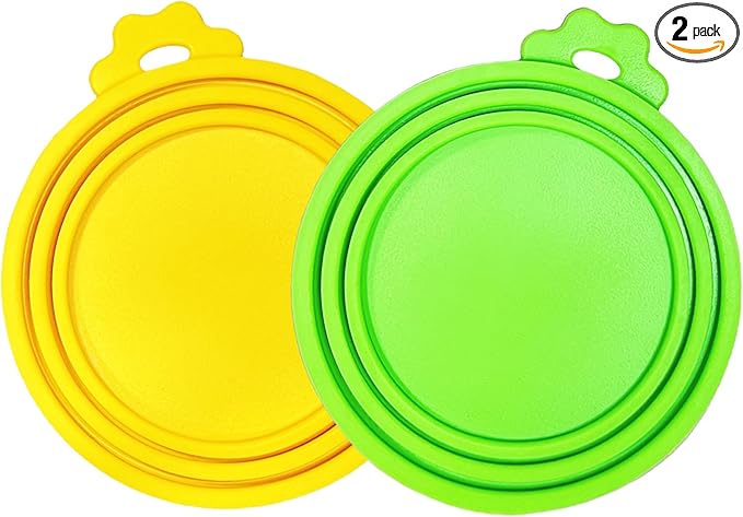 MoPawKT- Silicone Cat/Dog Food Can Covers Lids, Universal 3 Sizes Fit for 3oz, 5.5oz, 6.5oz, 13oz, 13.2oz Pet Food Cans, BPA Free, Reusable (box set of 2 lids in Green & Yellow)