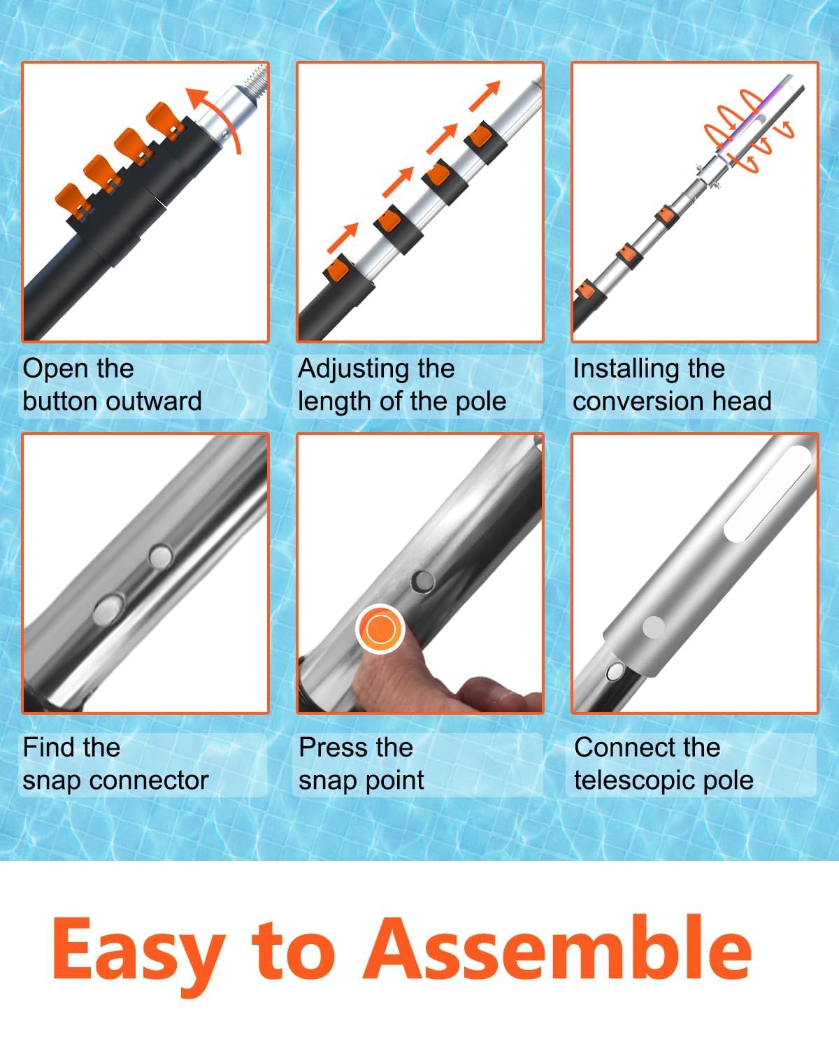 Buyplus Pool Pole - Upgraded 16 Foot Telescopic Extendable Swimming Pool Pole with 4-16FT Aluminium Heavy Duty Extension Pole for Skimmer Nets, Rakes, Brushes and Vacuum Heads, Universal 1.25", Orange