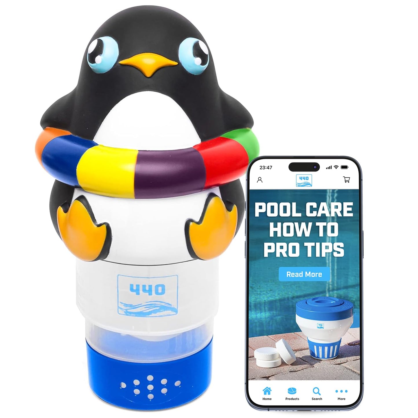 440 Pool Chlorine Floater Dispenser, Fits Up to 3 Pieces of 3-Inch Chlorine Tabs, Adjustable Flow, Control, Heavy-Duty Plastic - Suitable for Small & Large Pools - 8 Ounces | Cartoon Penguin