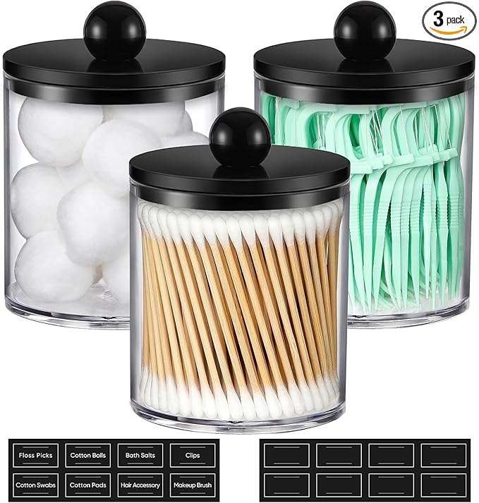 3 Pack Acrylic Qtip Holder Dispenser for Cotton Swabs, Balls, Pads, Floss - Plastic Canister Apothecary Jar Set, Bathroom Essentials Accessories Decor Vanity Makeup Storage Organizer - Clear & Black