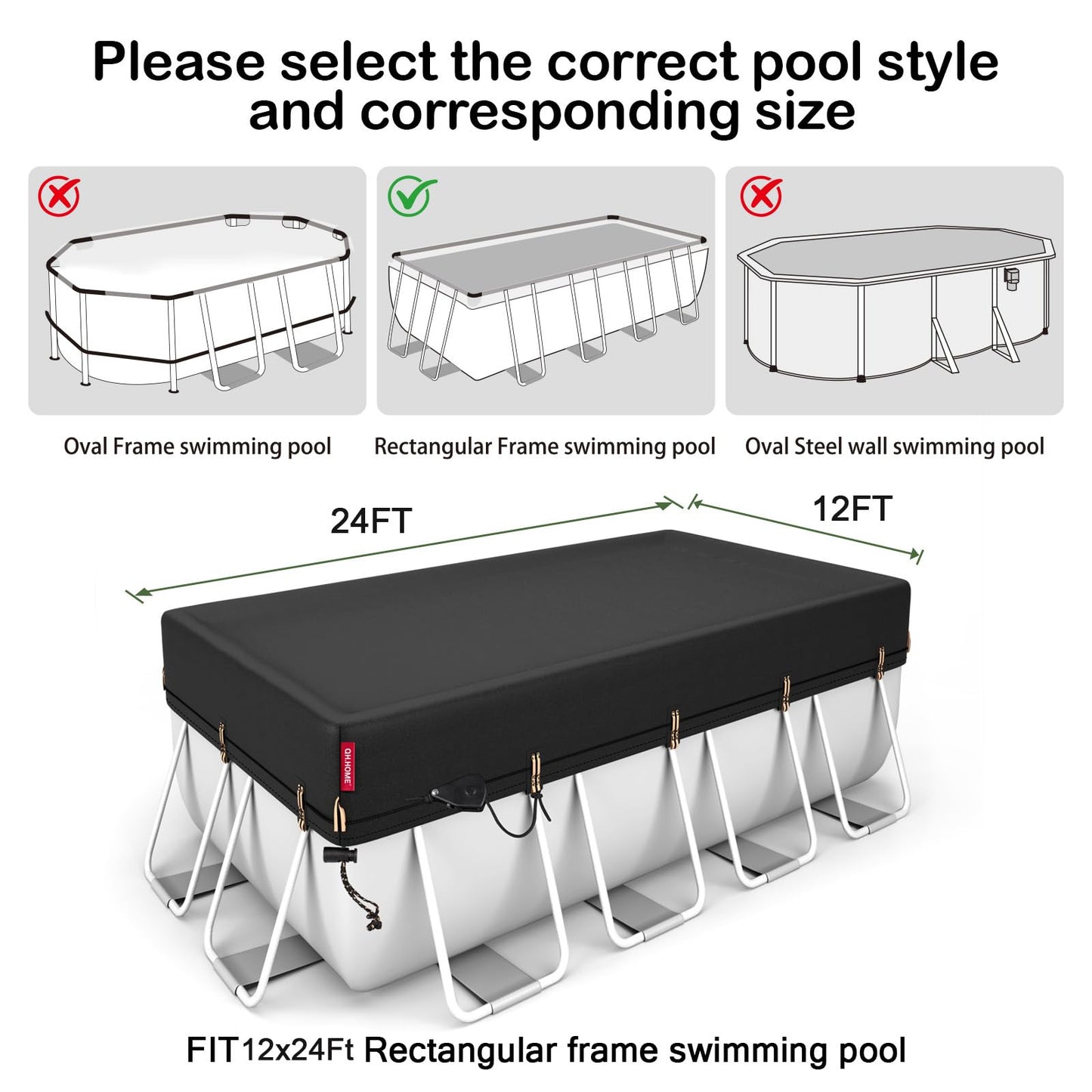 QH.HOME 12x24ft Rectangular Pool Cover,[Ultimate Windproof & Tear-Resistant Fabric],Snug Fit with Patented Ratchet & Weight Rings,Solar Pool Cover for Above Ground Pools, Blocks Leaves &Waterproof