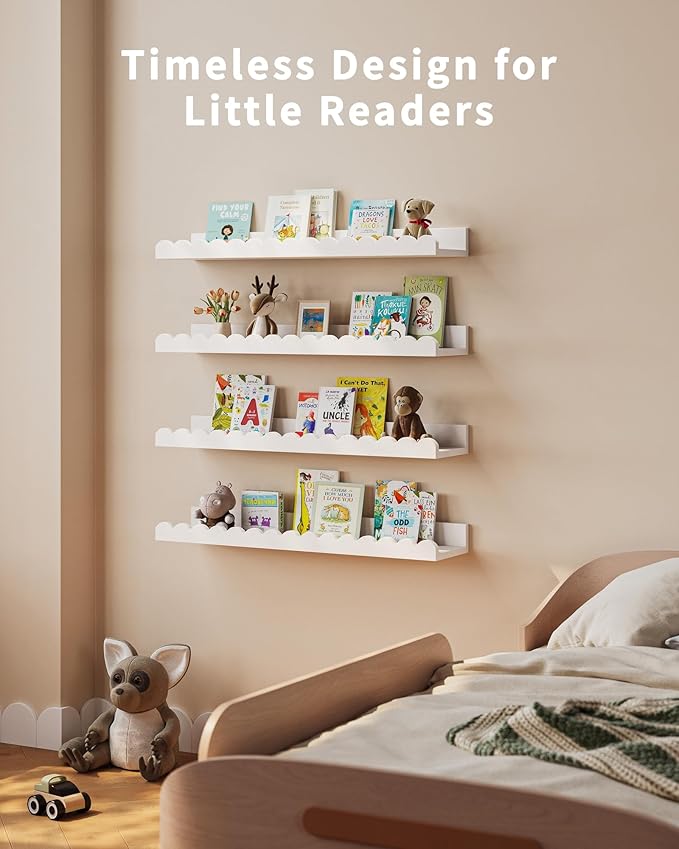 Shario Nursery Book Shelves, 4-Pack White Floating Shelves for Wall Kids, Scalloped Shelves, Wall Book Shelves for Bedroom Kids, Toddler Room, Baby Room, Nursery Decor