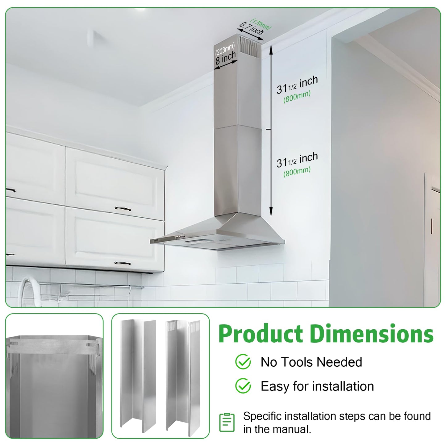31.5" x 8" x 6.7" Range Hood Chimney Extension, Adjustable Chimney 31.5-63 IN, 203MM Width Stainless Steel Range Hood Chimney Extension, Extend Ventilation Reach, Universal Fit For Most Kitchens
