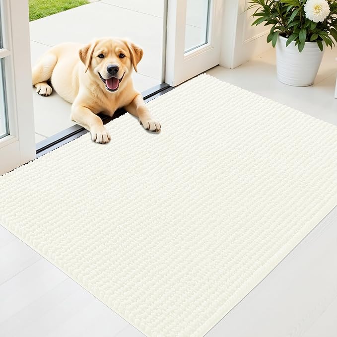 OLANLY Dog Door Mat for Muddy Paws 40x32, Ultra Absorbent Chenille Mud Doormat, Non-Slip Washable and Dirt Trapping Doormat for Indoor Entryway, Quick-Dry Indoor Pet Bed Mats for Dogs, Ivory