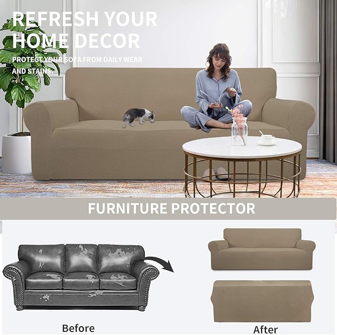 Easy-Going Stretch Oversized Sofa Slipcover 1-Piece Sofa Cover Furniture Protector Couch Soft with Elastic Bottom for Kids, Polyester Spandex Jacquard Fabric Small Checks Natural