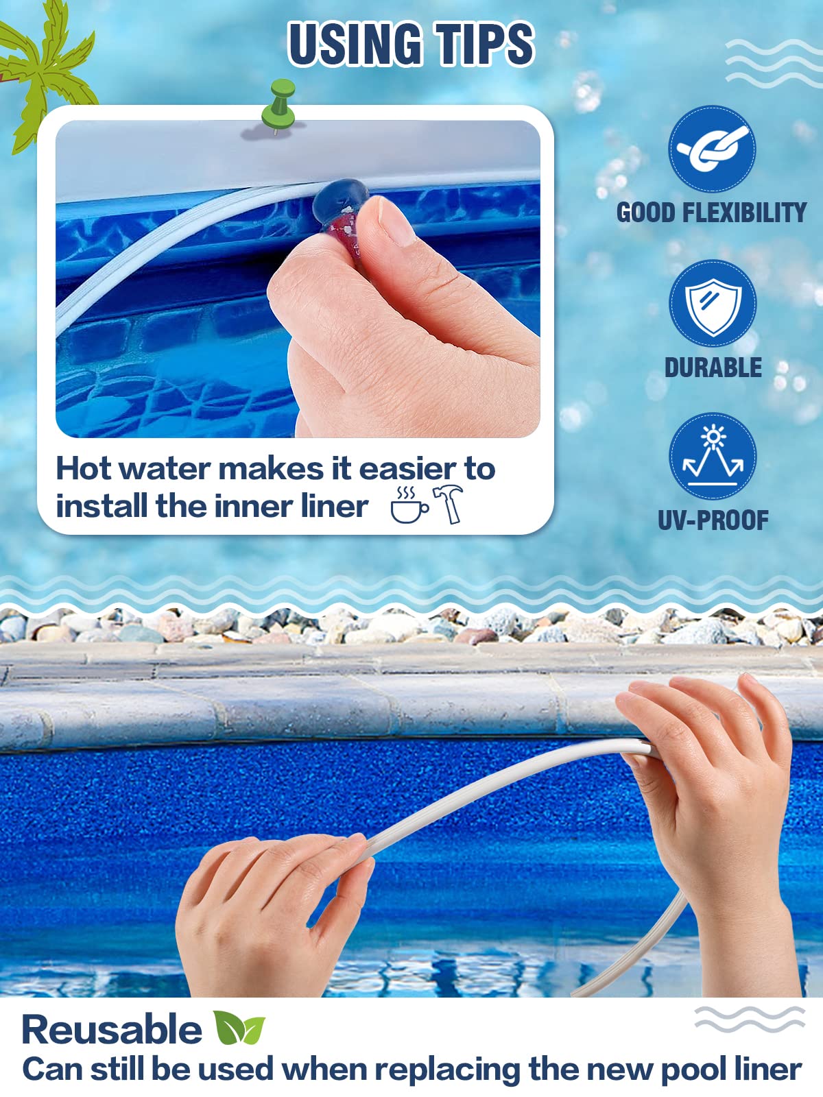 PAMASE 120ft Liner Lock - Inground Swimming Pool Beaded Wedge T-Shape Lock Roll, Flexible PVC Pool Liner Patch Kit for Above-Ground Pool - White