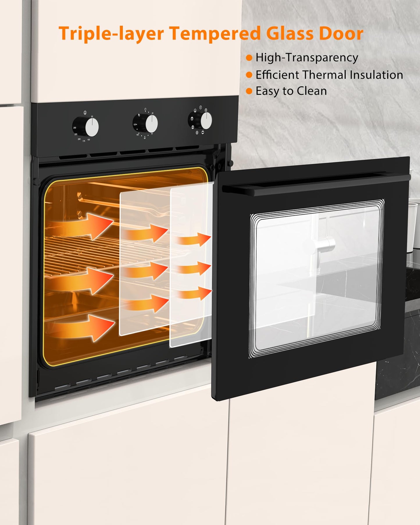 24 Inch Built-in Electric Single Wall Oven, 2.5 Cu.ft Stainless Steel Convection Oven with 8 Cooking Functions, Mechanical Knob Control, 500℉ Max Temperature, 3-Layer Tempered Glass Door