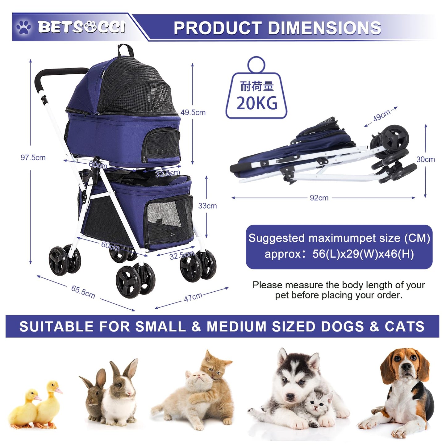 BETSOCCI Double Dog Stroller with 2 Detachable Carrier, Portable Pet Stroller for Small Dogs & Cats Folding Lightweight Puppy Travel Carriage, 4 Wheels, Blue