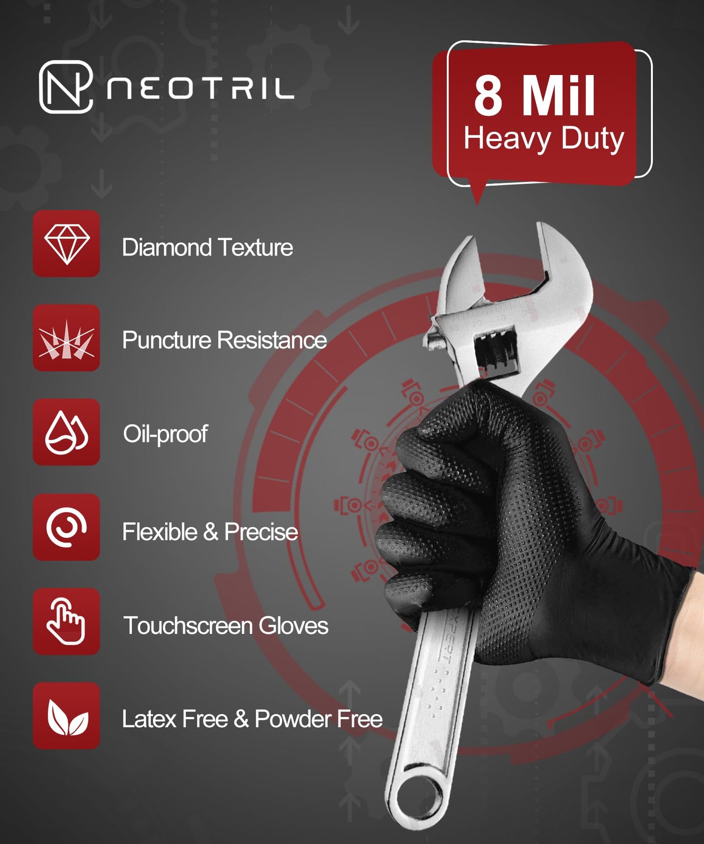 NEOTRIL 8 Mil Heavy Duty Disposable Nitrile Gloves with Raised Diamond Texture Grip Rubber Gloves, Latex & Powder Free Mechanic Gloves for Household Cleaning, Black | 200 Pcs