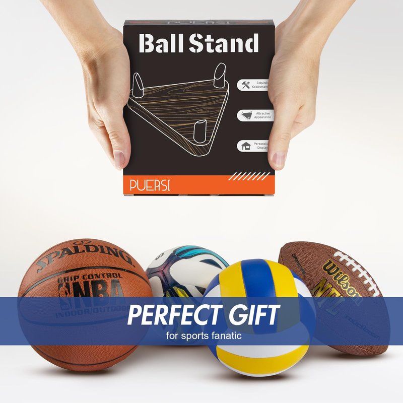 PUERSI Ball Stand Display Stand Set of 3, for Basketball Football Soccer Volleyball, Walnut Ball Holder Case Rack