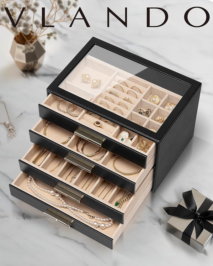 Vlando 4 Layer Jewelry Box for Women, Glass Lid Jewelry Organizer with 4 Drawers for Necklaces Rings Earrings Bracelets - Black
