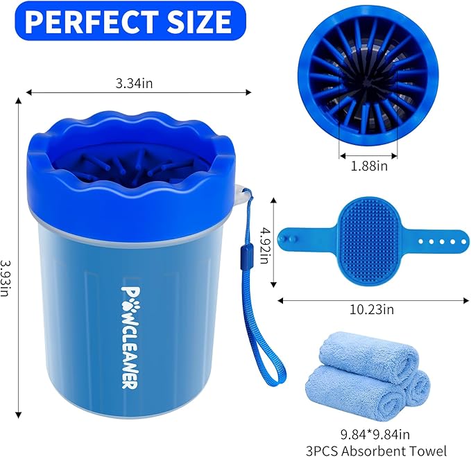 Professional 7 in 1 Dog Paw Cleaner for Dogs & Cats - Includes 1 Portable Paw Washer, 1 Bath Brush, 2 Dog Toothbrushes and 3 Absorbent Towels Note: Fits Paws up to 2 Inches Wide (Small, Navy Blue)