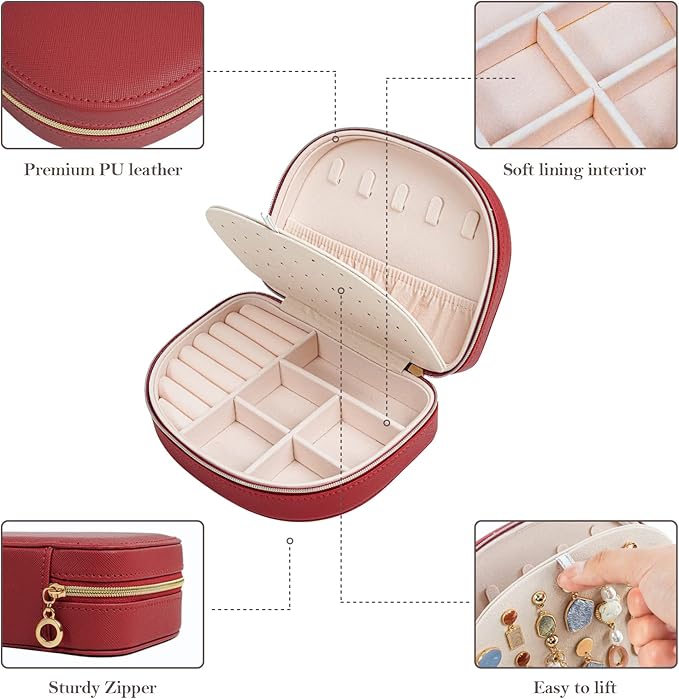 ProCase Travel Size Jewelry Box, Medium Portable Seashell-Shaped Jewelry Case, 2 Layer Jewelry Organizer in PU Leather for Women -Red