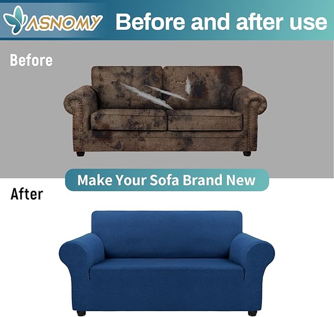 Asnomy Sofa Covers for 2 Cushion Couch Stretch loveseat Covers Slipcovers, Pet Protector Furniture Covers for Dogs Cats Spandex Jacquard Fabric Small Checks （Medium，Classic Blue）