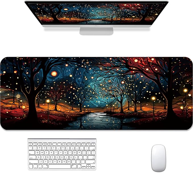 Gaming Mouse Pad 31.5x11.8 inch XL Large Extended Mouse Pad, Big Mousepad Desk Mat for Computer with Non-Slip Rubber Base and Stitched Edge-Starry Night Woods