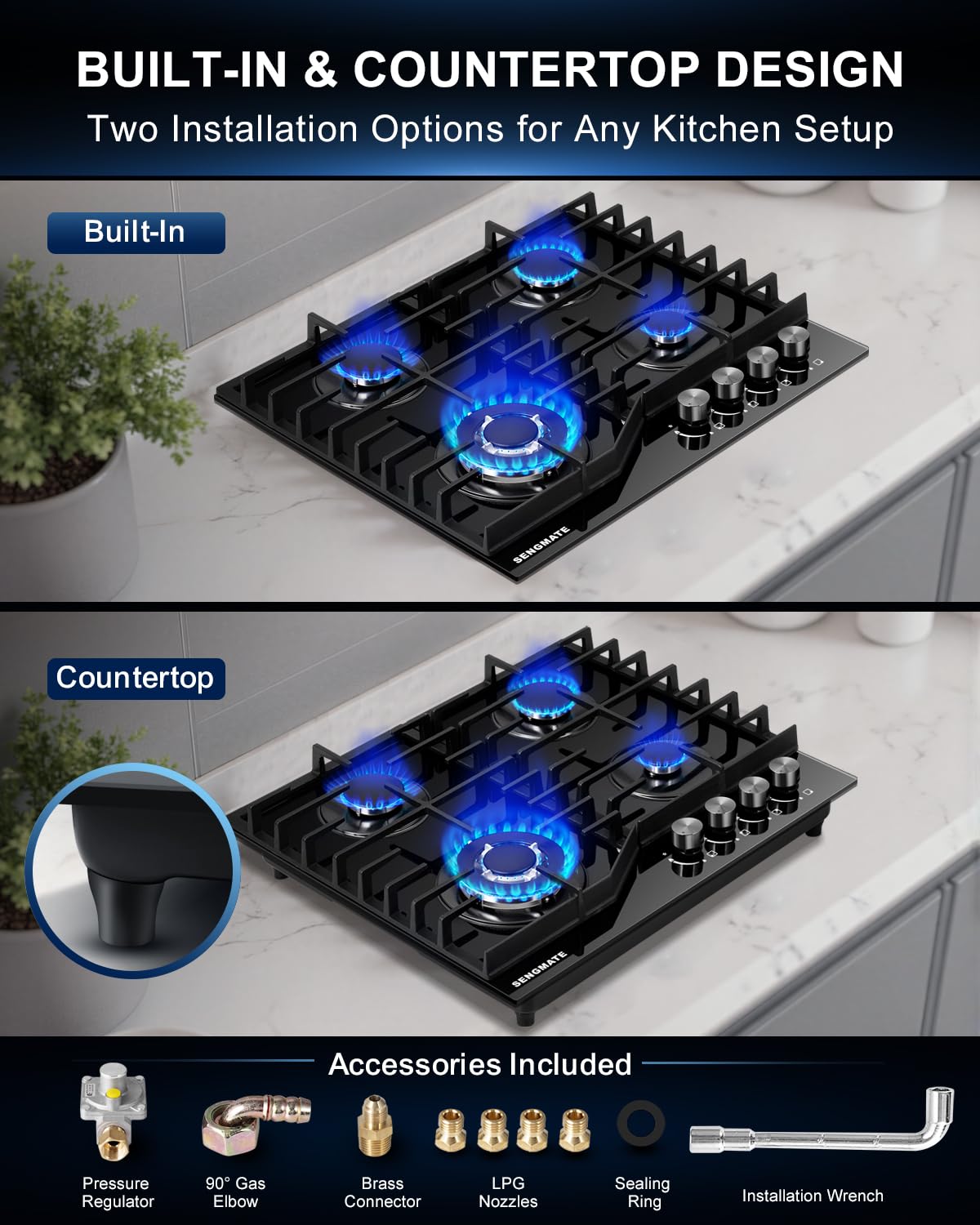 SENGMATE 24 Inch Gas Cooktop, 4 Burner Gas Stove Top, Built-In or Countertop Design, Black Tempered Glass, NG/LPG Convertible, Flame Failure Protection, Ideal for Home Kitchens, RVs & Compact Spaces