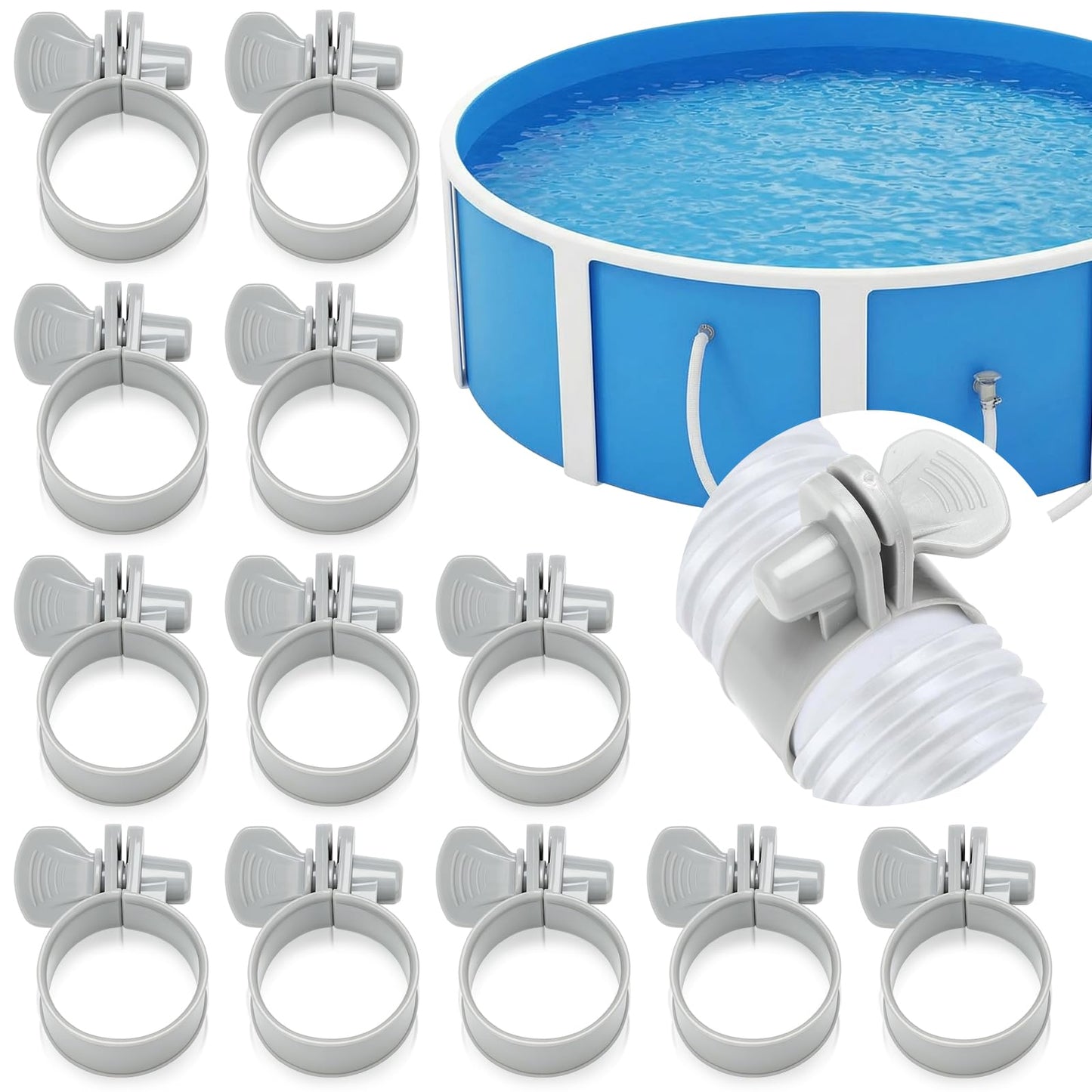 Joyfolk 12 Pcs Adjustable Plastic Hose Clamps for 1.25''-1.5'' Above Ground Swimming Pool Replacement Thumb Clips Screw Key Hose Clamps Plastic Filter Pump Connector Clips