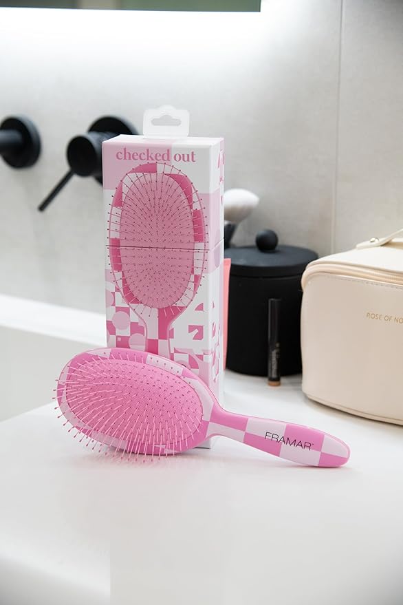 FRAMAR Checkered Hair Brush Detangler – Wet Hair Brushes For Women, Womens Hair Brush, Hair Accessories, Hairbrush For Women, Cepillos Para Cabello, Reduces Breakage – Detangle Brush - Pink