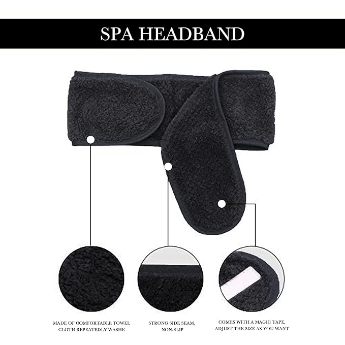 Simnice Spa Facial Headbands Esthetician,Adjustable Makeup Headband for Facials, Terry Cloth Spa Headband Hair Wrap Towel for Face Washing, Shower,Black