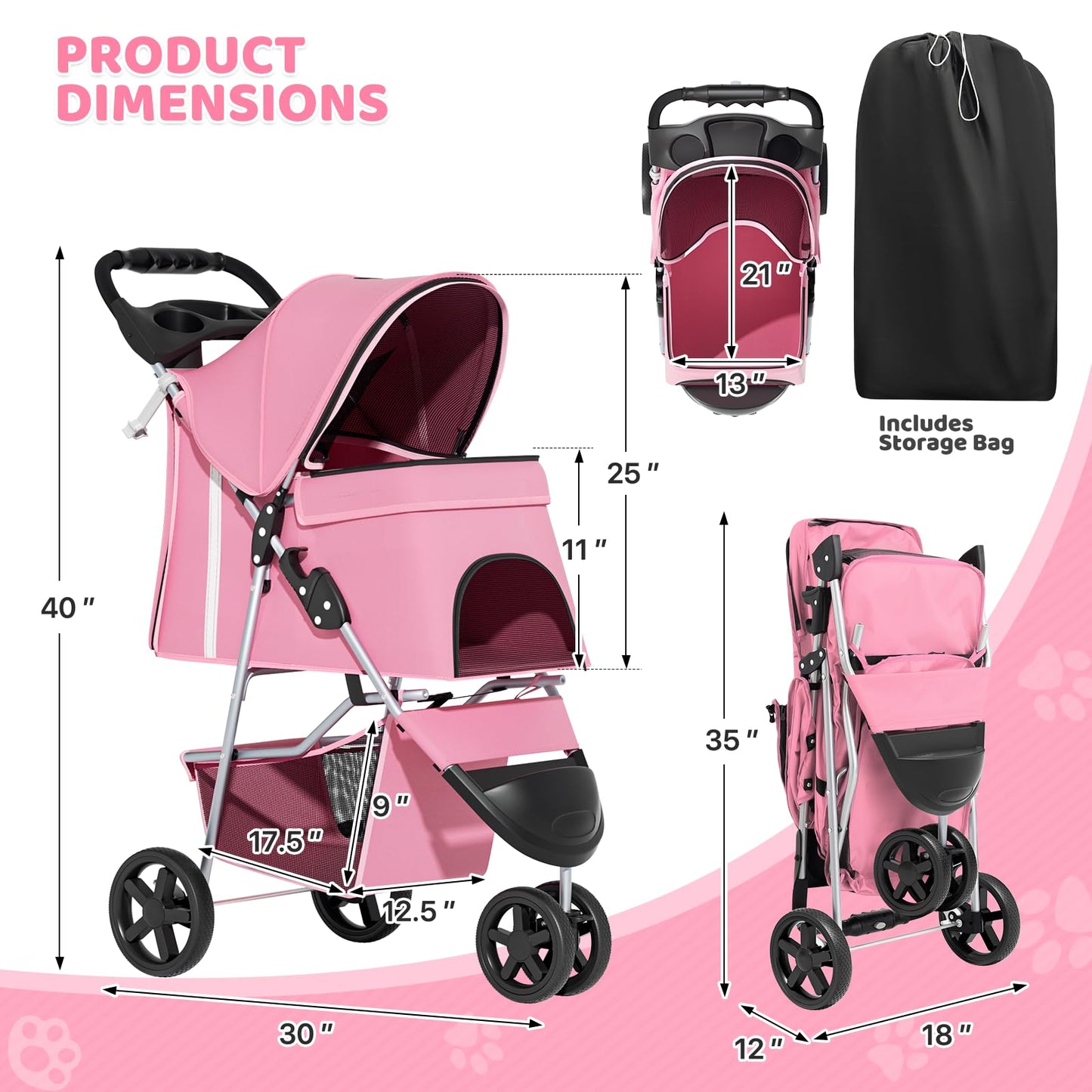 Magshion 3-Wheel Pet Stroller, Foldable Travel Jogger for Small & Medium Dogs & Cats (Up to 33lbs), Lightweight Carrier with Breathable Mesh Cover, Cup Holder & Storage Basket, Pink