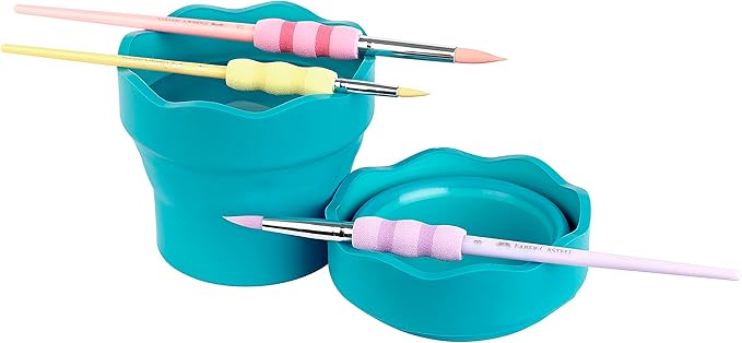 Faber-Castell Clic & Go Portable Paint Water Cup with Brush Holder, Turquoise - Collapsible Paint Brush Cleaner Rinse Cup, Travel Friendly Painting Accessories