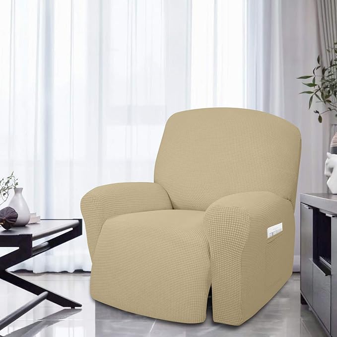 Easy-Going 4 Pieces Oversized Recliner Stretch Sofa Slipcover Sofa Cover Furniture Protector Couch Soft with Elastic Bottom Polyester Spandex Jacquard Fabric Small Checks Beige X-Large