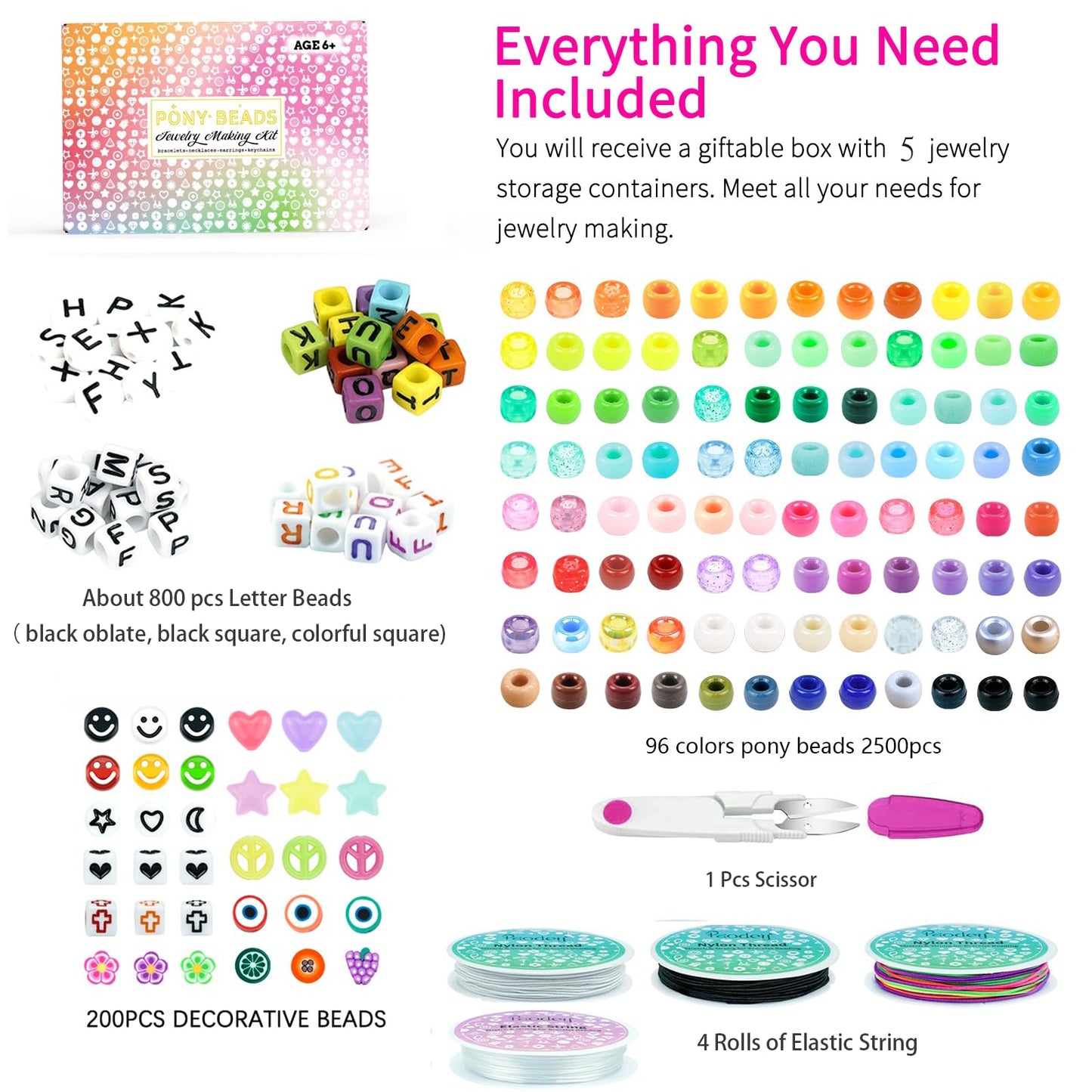 5 Boxes Bracelet Making Kit Pony Beads, 96 Colors 6x9mm 3500Pcs Kandi Rave Beads for Bracelets Friendship Plastic Bead with 800Pcs Letter Bead Arts and Crafts for Kids Adults Keychain Jewelry Making