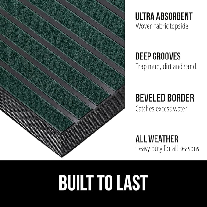 GORILLA GRIP 100% Waterproof All-Season WeatherMAX Doormat US Designed Natural Rubber, Stain and Fade Resistant, Low Profile Indoor Outdoor Door Mats, Easy Clean Patio Mat, 23x35, Green Stripe