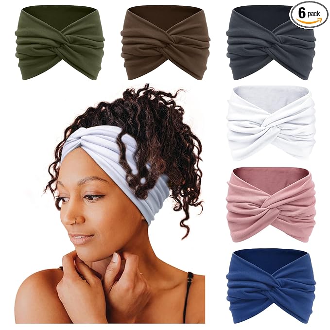 Tobeffect 7'' Extra Wide Headbands for Women, Large Thick Turban Head Wrap Headband, Boho Bandana Head Bands for Women's Hair, Non Slip Workout Yoga Hairband Hair Accessories, 6 Pack