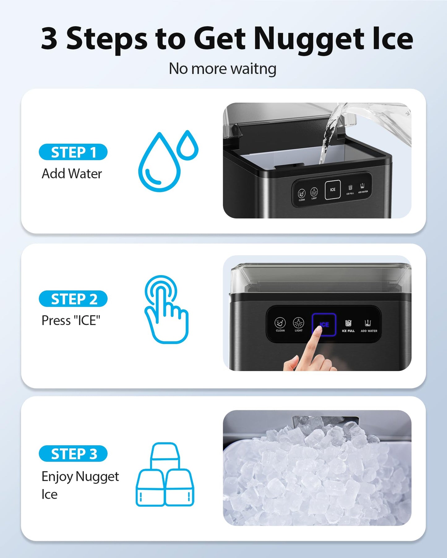 Aeitto Nugget Ice Maker Countertop, Pellet Ice Machine Soft Chewable Ice 40lbs/Day, One-Click Operation, Auto Self-Cleaning Crushed Ice Makers Stainless with Scoop for Home/Kitchen/Office (Black)