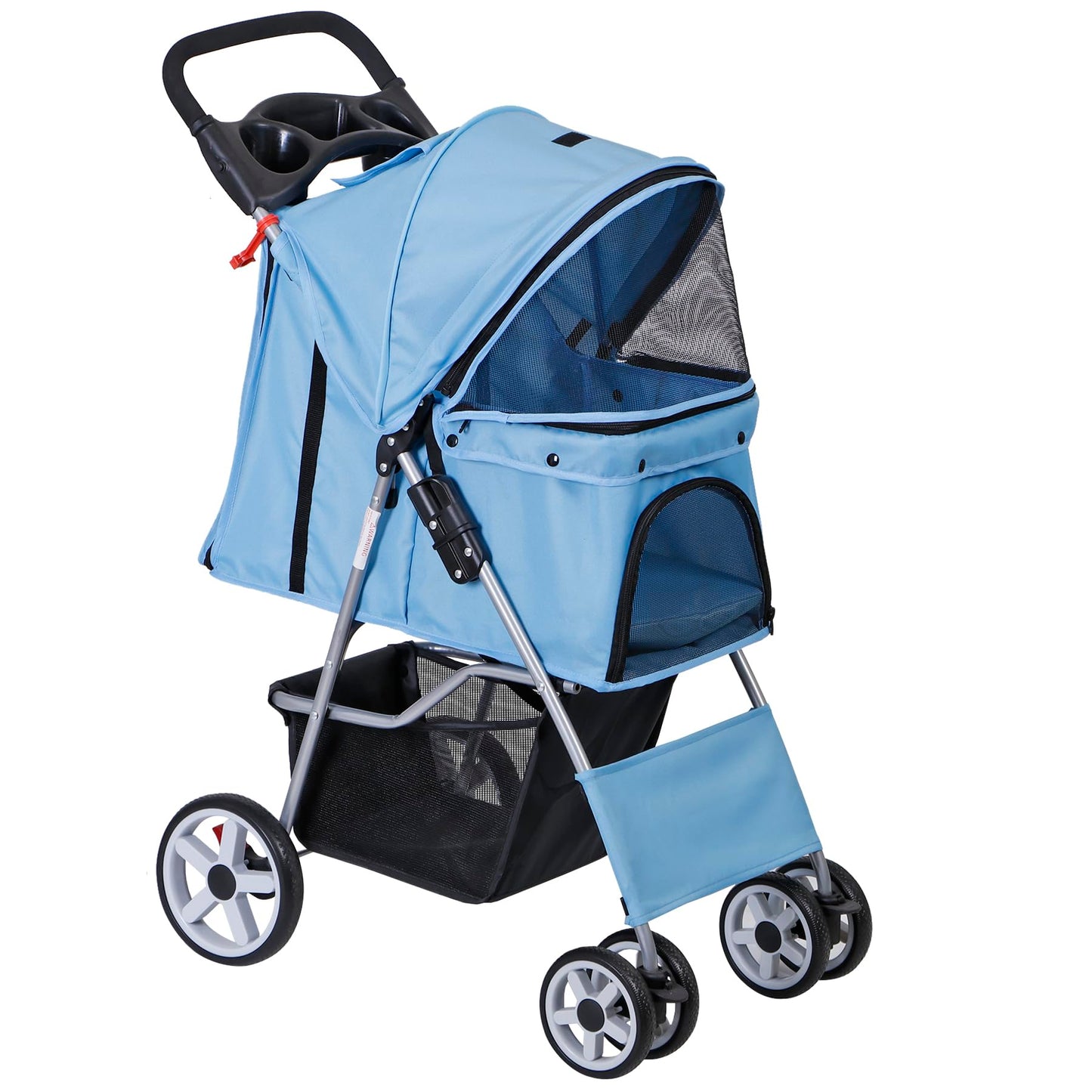 4 Wheels Pet Stroller, Foldable Dog Cat Stroller for Small Medium Dogs Cats, Travel Carrier with Storage Basket and Cup Holder, Waterproof and Lightweight (Blue)