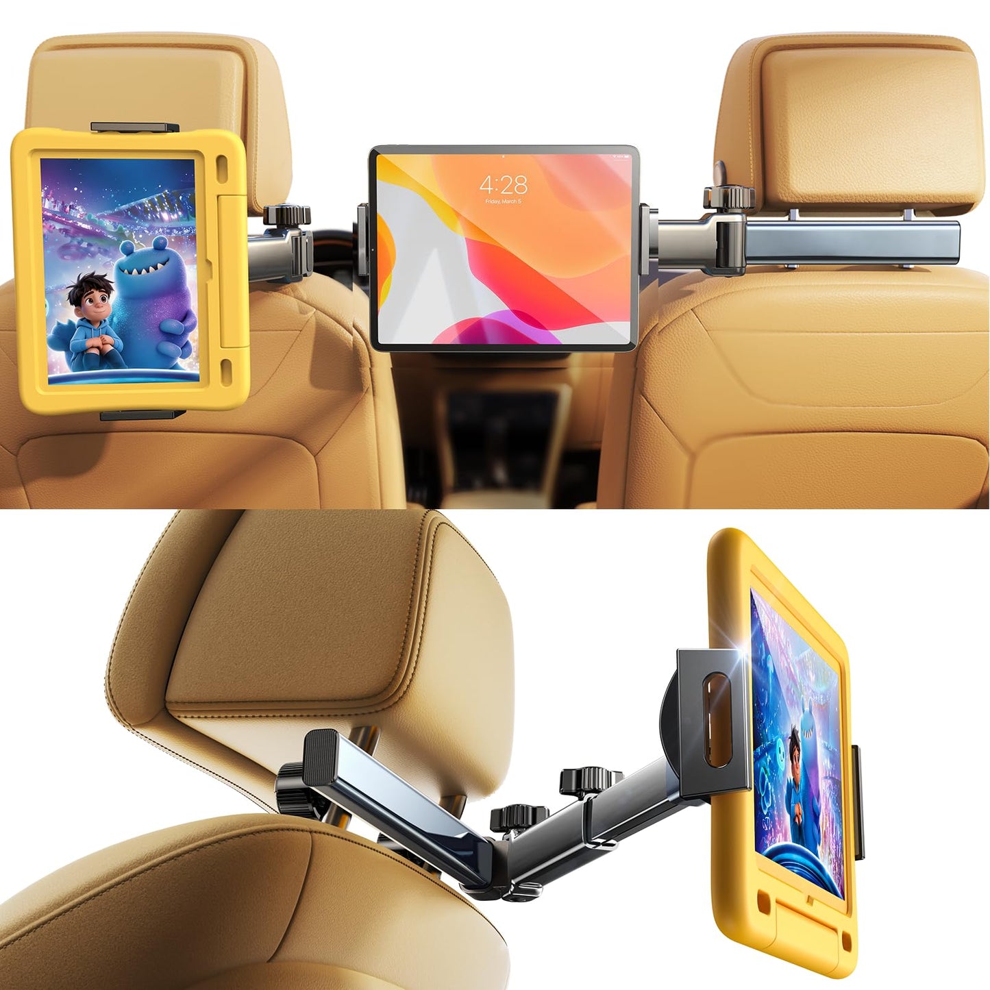 LISEN for iPad Holder Car Road Trip Travel Essentials Activities for Toddler Kids Gifts, Car Accessories for Women Interior Men Truck 3in1 Tablet Holder Back Seat Car Camping Headrest Organizer