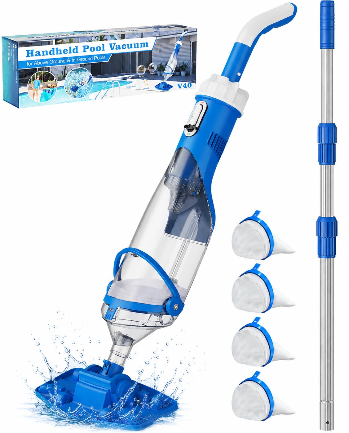 Cordless Pool Vacuum with Telescopic Pole, 18.5 GPM Powerful Suction, 1.5H Supercharge Technology, Handheld Pool Vacuum Cleaner for Above Ground/Inground Pools, Hot Tubs, Blue