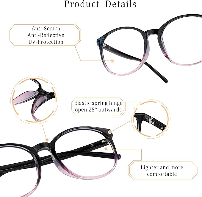 LifeArt Round Blue Light Blocking Glasses, Computer Glasses, Gaming Glasses, TV Glasses for Women Men (Black Purple, 2.00 Magnification)
