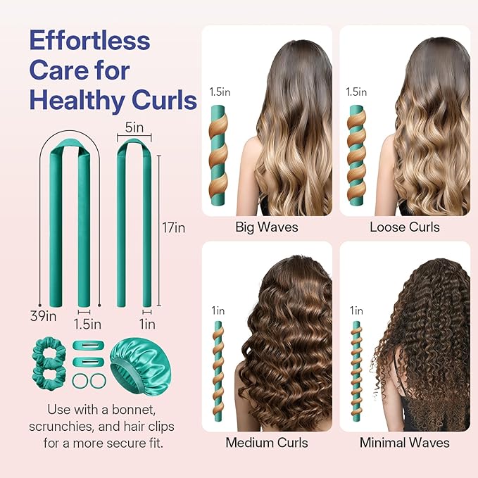 LitBear Heatless Curls Overnight, 2 Sizes of Soft Hair Rollers for Women with Bonnet to Sleep In, No Heat Hair Curlers Set with Scrunchies and Clips, for Long and Medium Hair (Green)