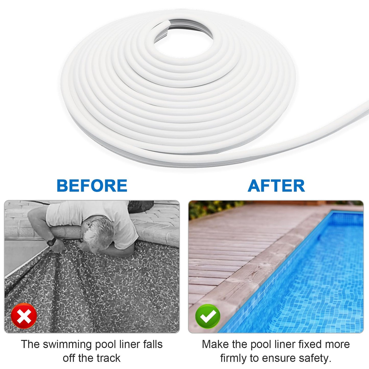 MIYOLO 120'ft Pool Liner Lock for In-Ground and Above Ground Pools, Roll Swimming Pool Liner Bead Lock White
