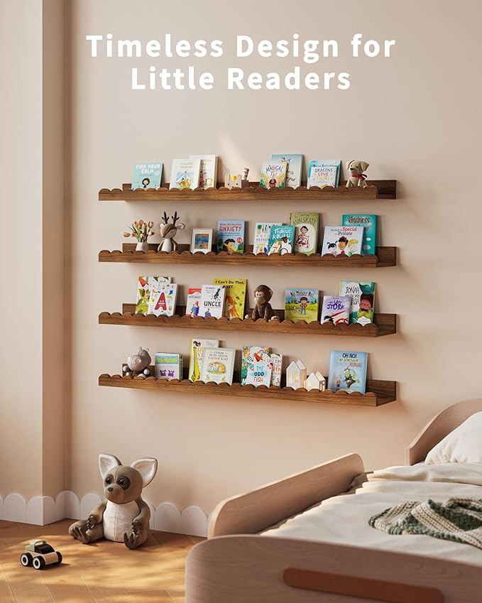 Shario Nursery Book Shelves, 4-Pack White Floating Shelves for Wall Kids, Scalloped Shelves, Wall Book Shelves for Bedroom Kids, Toddler Room, Baby Room, Nursery Decor (Walnut Brown, 36 Inches)