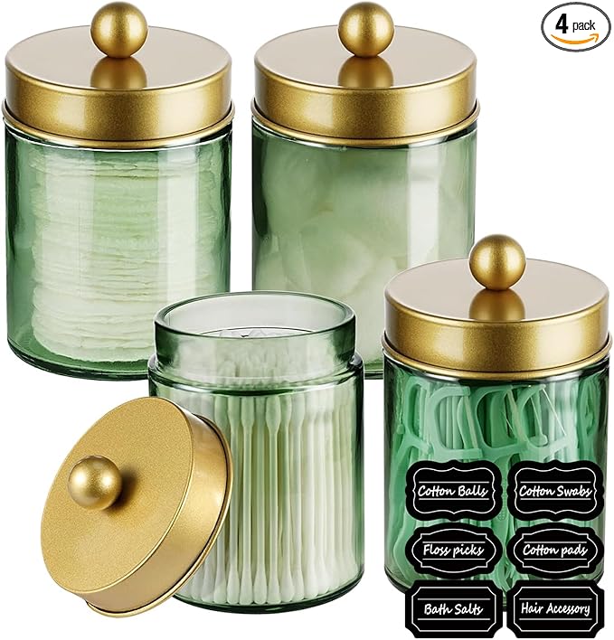 Amolliar 4 Pack Apothecary Jars Bathroom Vanity Storage Organizer Set -Countertop Canister with Stainless Steel Lids &Stickers Qtip Dispenser Holder for Cotton Swab (Green-golden Lid)