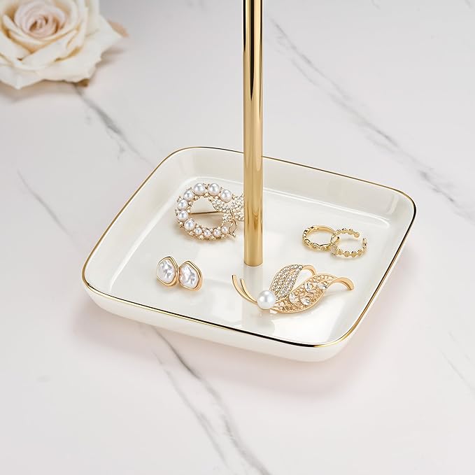 Jewelry Holder Stand with Ceramic Base: 12" Tall Necklace Organizer Rack, Tree Design Display Storage for Necklaces, Bracelets, Rings, Earrings, Aesthetic Room Décor for Girls and Women, Gold