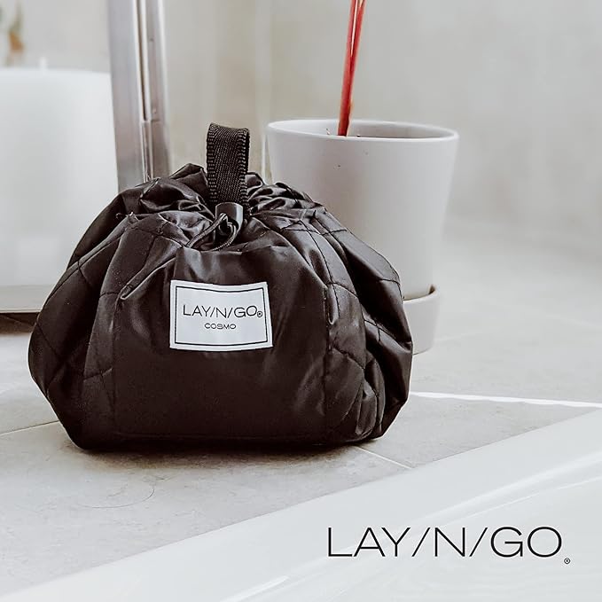 Lay-n-Go Cosmo Drawstring Cosmetic & Makeup Bag Organizer - Portable Drawstring Bag w/Zipper Pocket, Makeup Loops & More - Durable, Machine Washable Toiletry Bag for Travel (20", Metallic Gold)