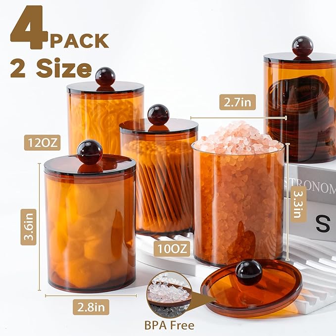 XIPENGKEJI 4 Pack Qtip Holder,Canister Apothecary Jar Set, Bathroom Jars with Lids Set for Cotton Swabs, Balls, Pads, Floss Picks,10oz-12oz Plastic Canisters Restroom Bedroom Vanity Organizer(Brown)