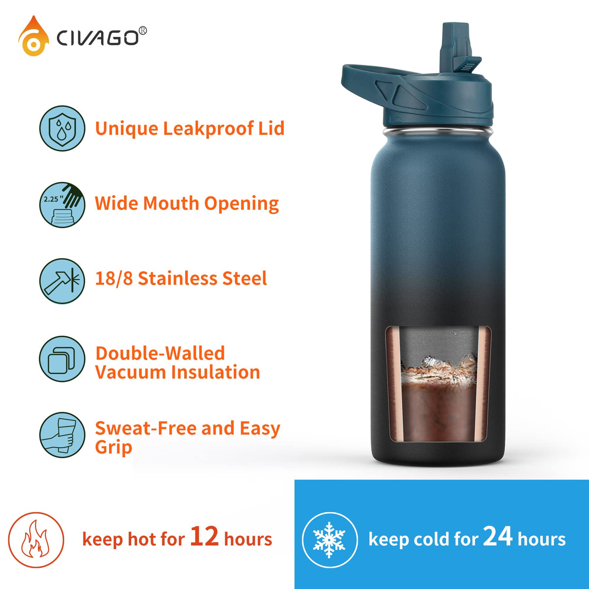 CIVAGO 40 oz Insulated Water Bottle With Straw, Stainless Steel Sports Water Cup Flask with 3 Lids (Straw, Spout and Handle Lid), Double Walled Travel Thermal Canteen Mug, Navy Blue