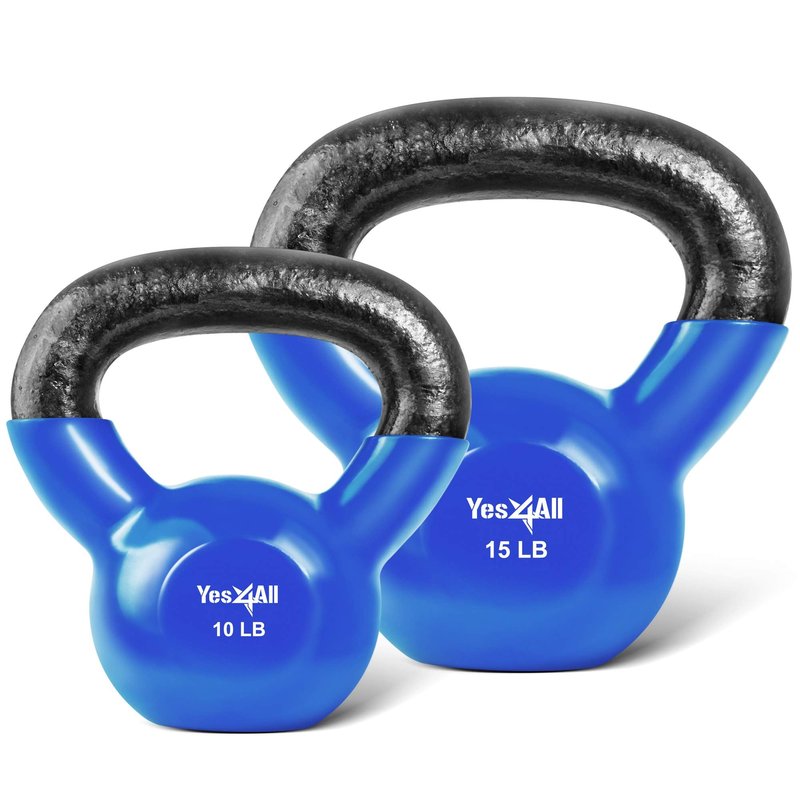 Yes4All Kettlebells 10 15 lbs Set Weight Vinyl Coated Cast Iron for Dumbbell Weights Exercises, Gym, Fitness, Full Body Workout Equipment Push up, Grip and Strength Training, Blue