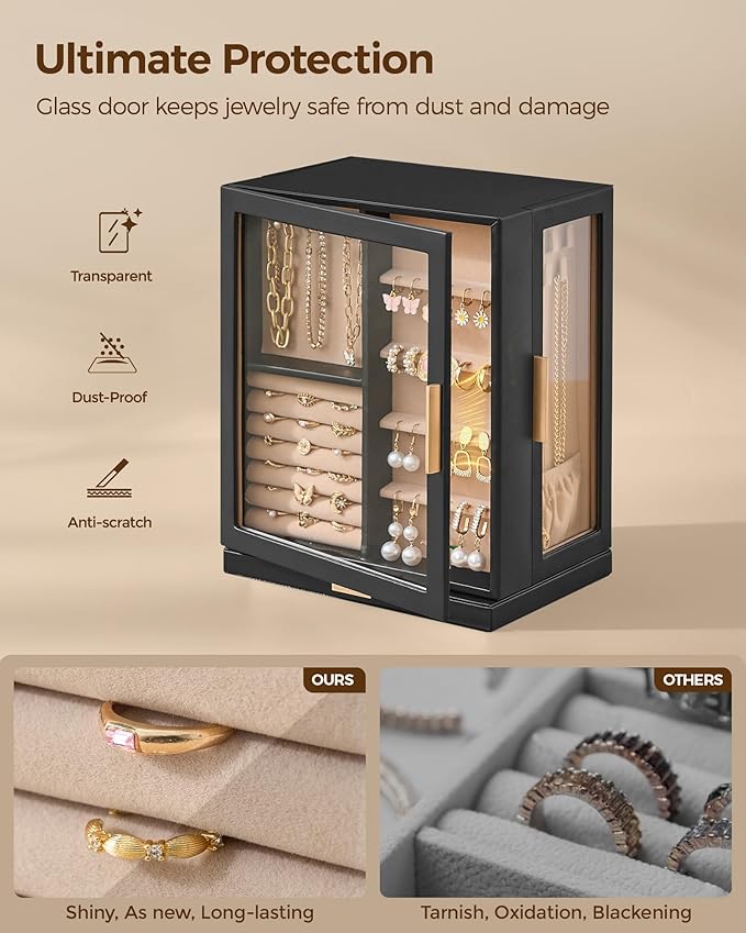Glimmloop 360ÃÂ° Rotating Jewelry Box with 5 Drawers, Spacious Vertical Jewelry Organizer with Glass Window, Jewelry Storage Case, Dustproof & Moisture-resistant Design, Black