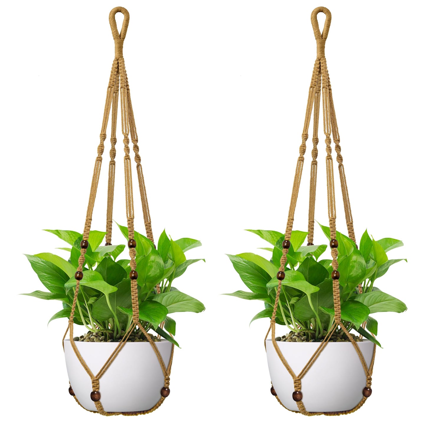 USLAI Macrame Plant Hanger Indoor Outdoor, Fits 4 to 15 Inch Pots, Strong Hanging Planter Holder, Boho Home Decor, 35 Inch, Brown, Set of 2 (POTS NOT Included)