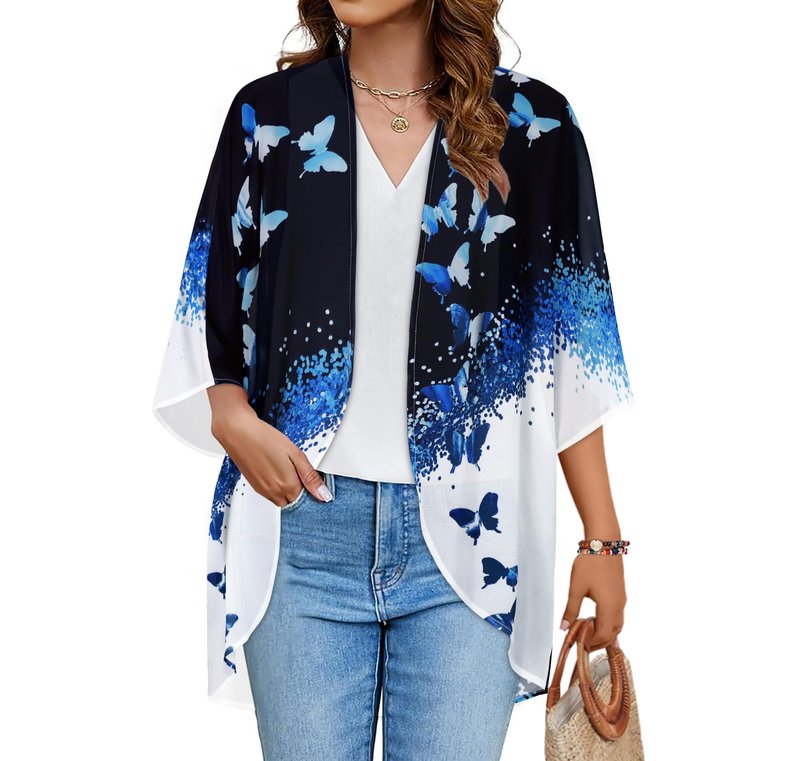 Women's Kimono Cardigan Loose Casual Cover Up Print Puff Blouse Summer Tops (Black Blue Butterfly, S)