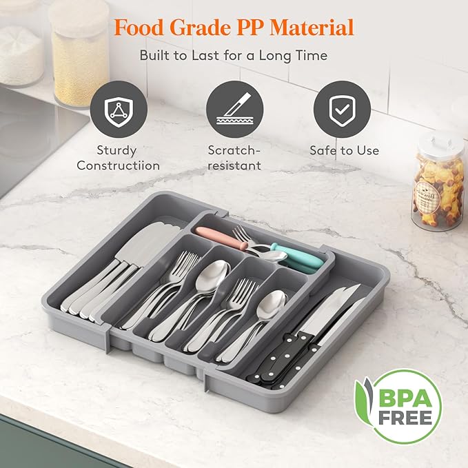 Lifewit Silverware Drawer Organizer, Expandable Utensil Tray for Kitchen, BPA Free Flatware and Cutlery Holder, Adjustable Plastic Storage for Spoons Forks Knives, 8.9-14.7 x 12.2", Gray